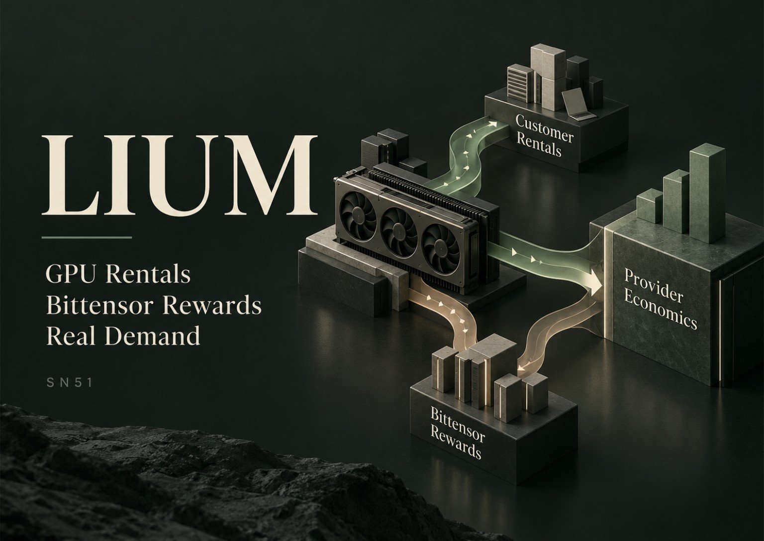 Lium SN51 editorial illustration showing a GPU, customer rentals, Bittensor rewards and provider economics on a charcoal-green background.